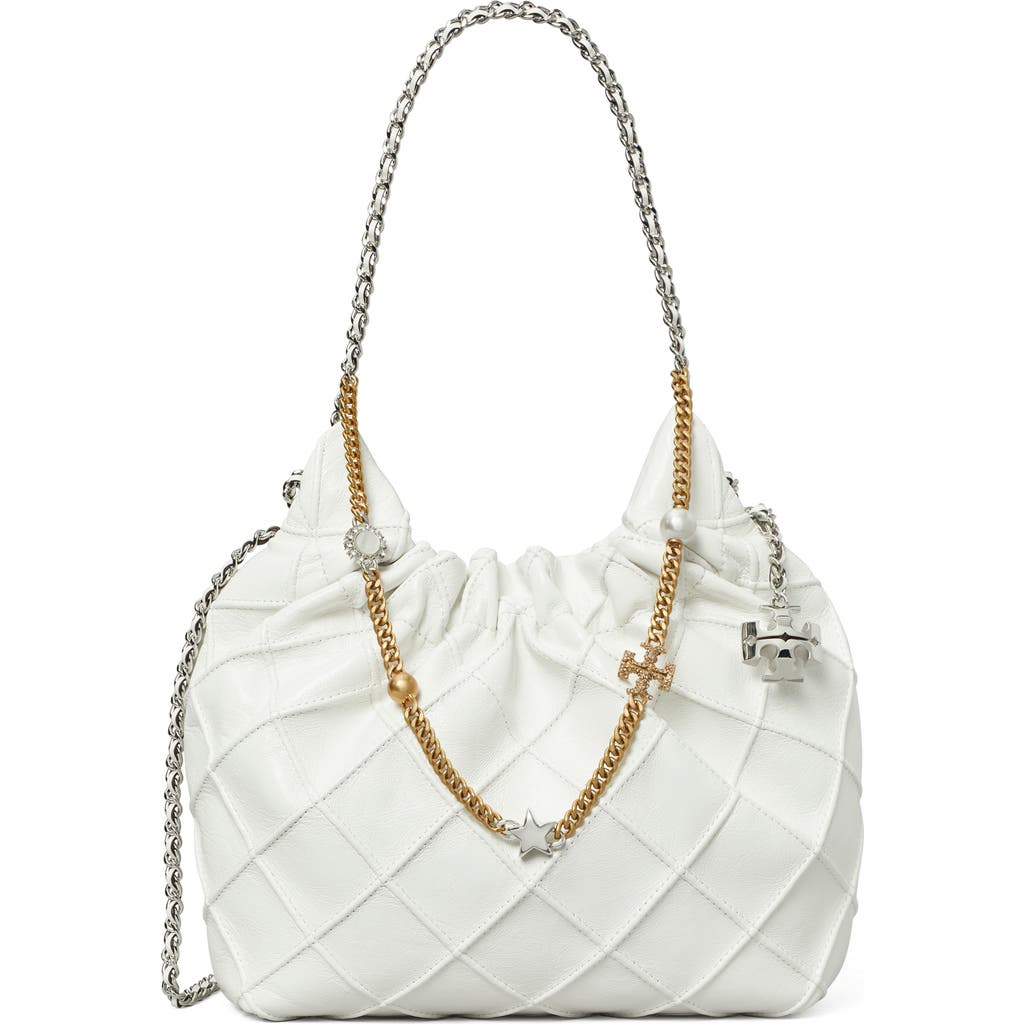 Tory Burch Mini Fleming Distressed Leather Hobo Bag in Blanc