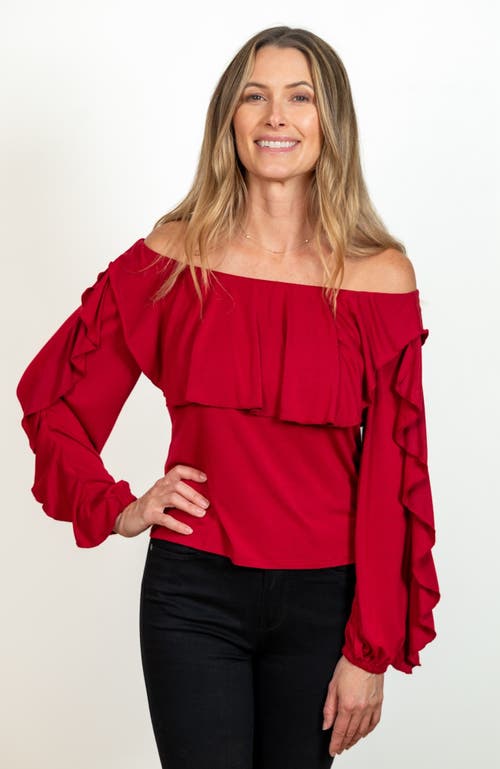 Jjwinks Vixen Built-in Shelf Off-the-shoulder Long Sleeve Ruffle Holiday Top In Crimson