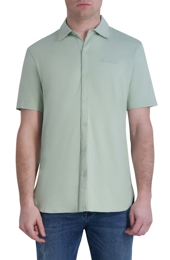 Shop Karl Lagerfeld Slim Fit Short Sleeve Cotton Knit Button-up Shirt In Mint