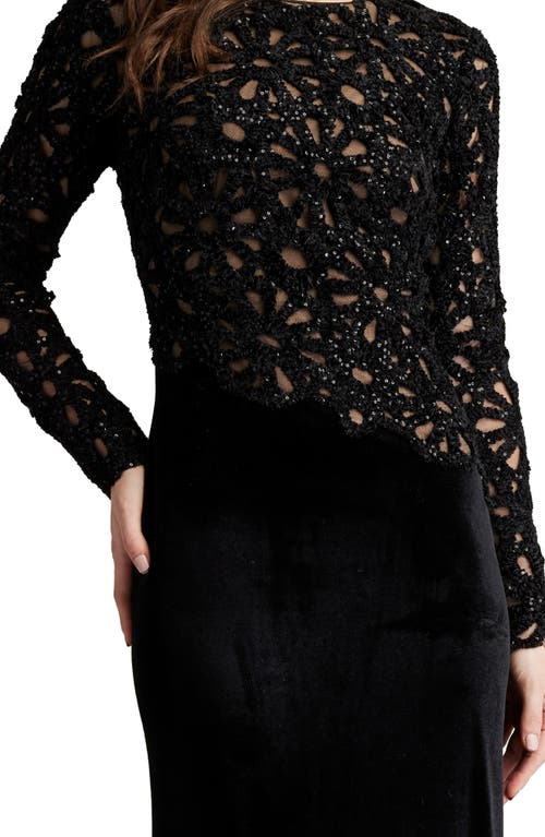 Tadashi Shoji Sequin Lace Bodice Long Sleeve Velvet Gown In Black/nude