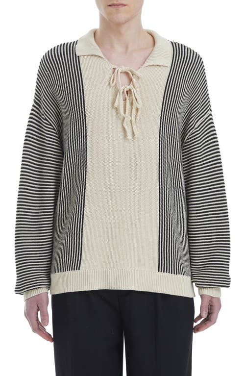 Oversize Stripe Johnny Collar Cotton Sweater in Cream