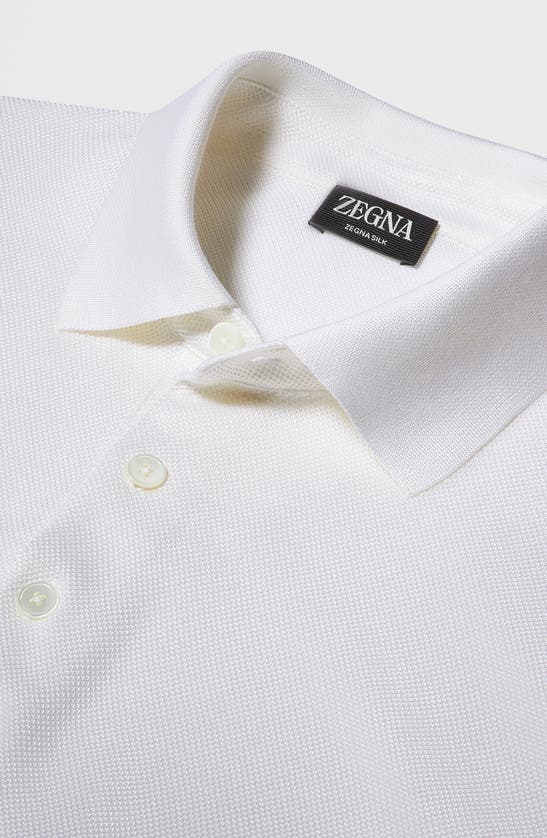 Shop Zegna Short Sleeve Silk Bird's Eye Piqué Polo In Bianco