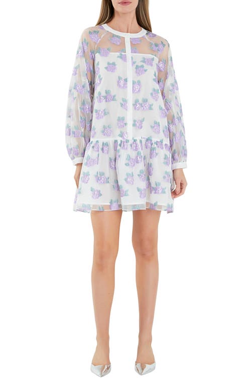 Floral Button Front Long Sleeve Organza Minidress in Lilac