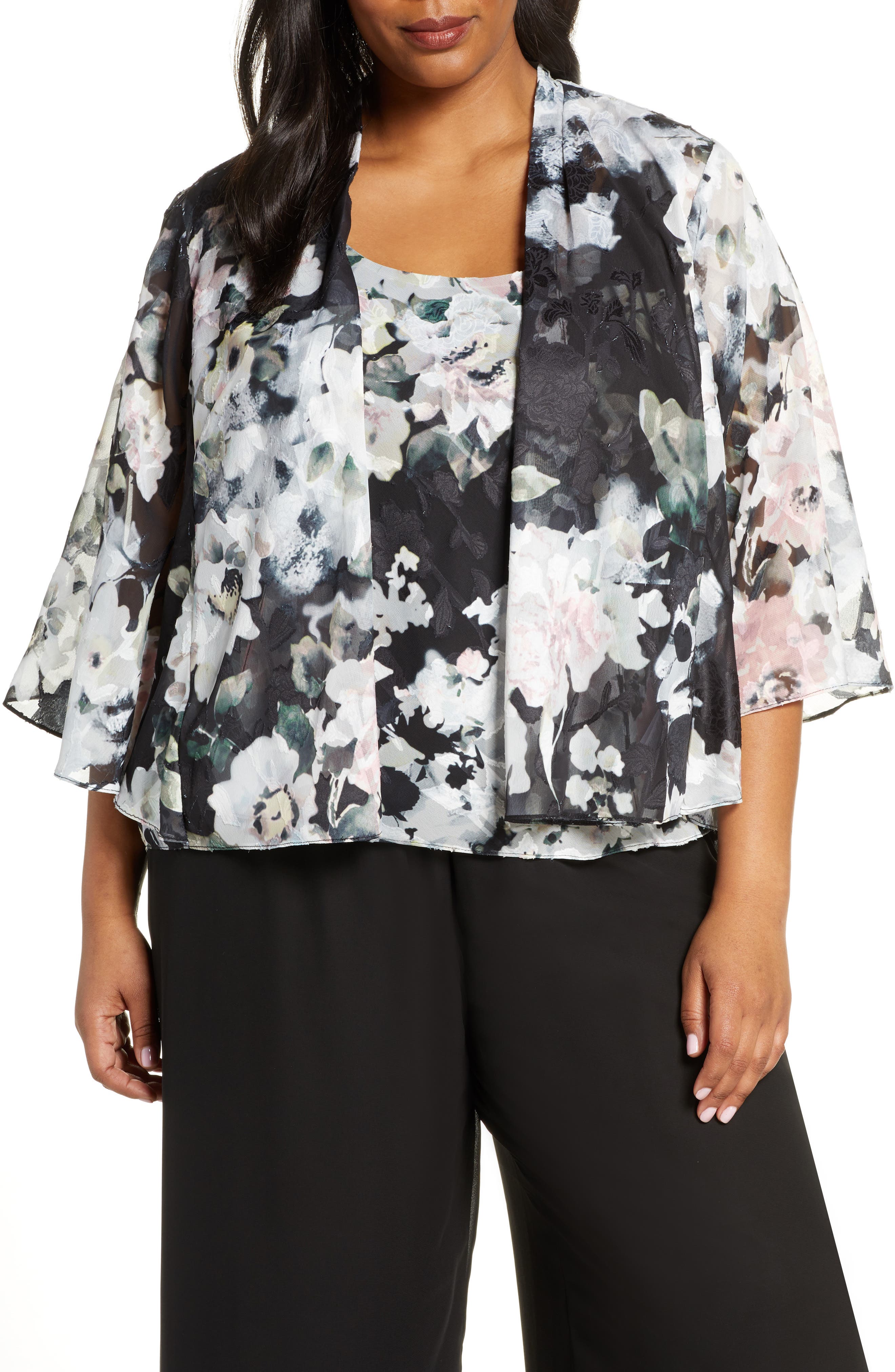 Plus Size Alex Evenings Floral Burnout Twinset, Black