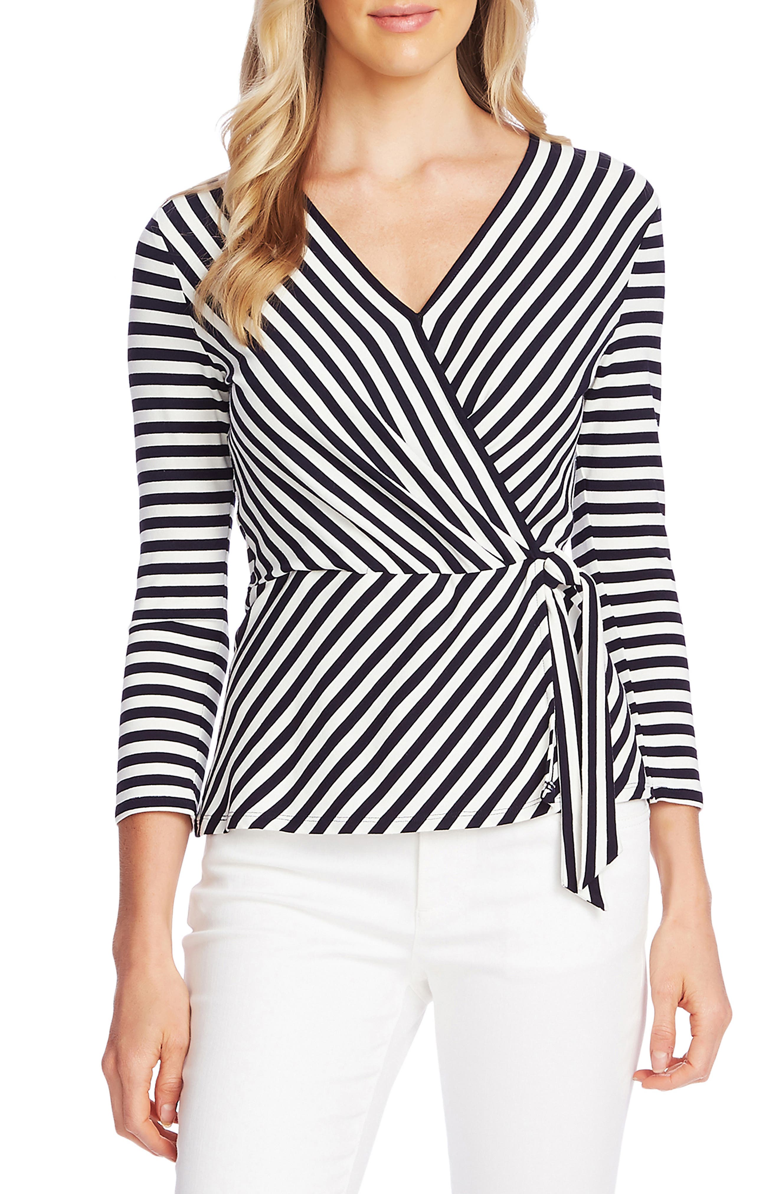 VINCE CAMUTO Pool Stripe Faux Wrap Top, Main, color, CAVIAR