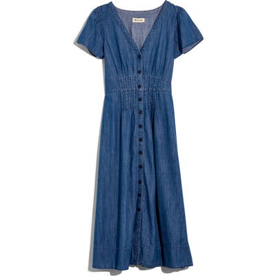 Madewell Pleat Waist Denim Midi Dress, Blue