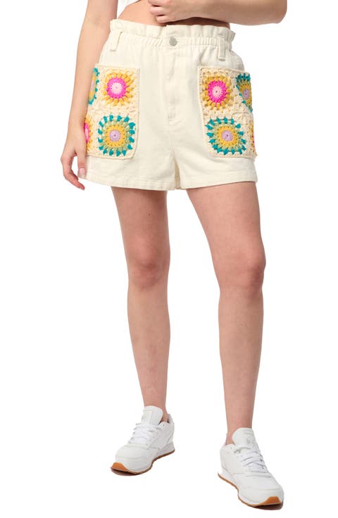 Crochet Appliqué Paperbag Waist Denim Shorts (Downtime)