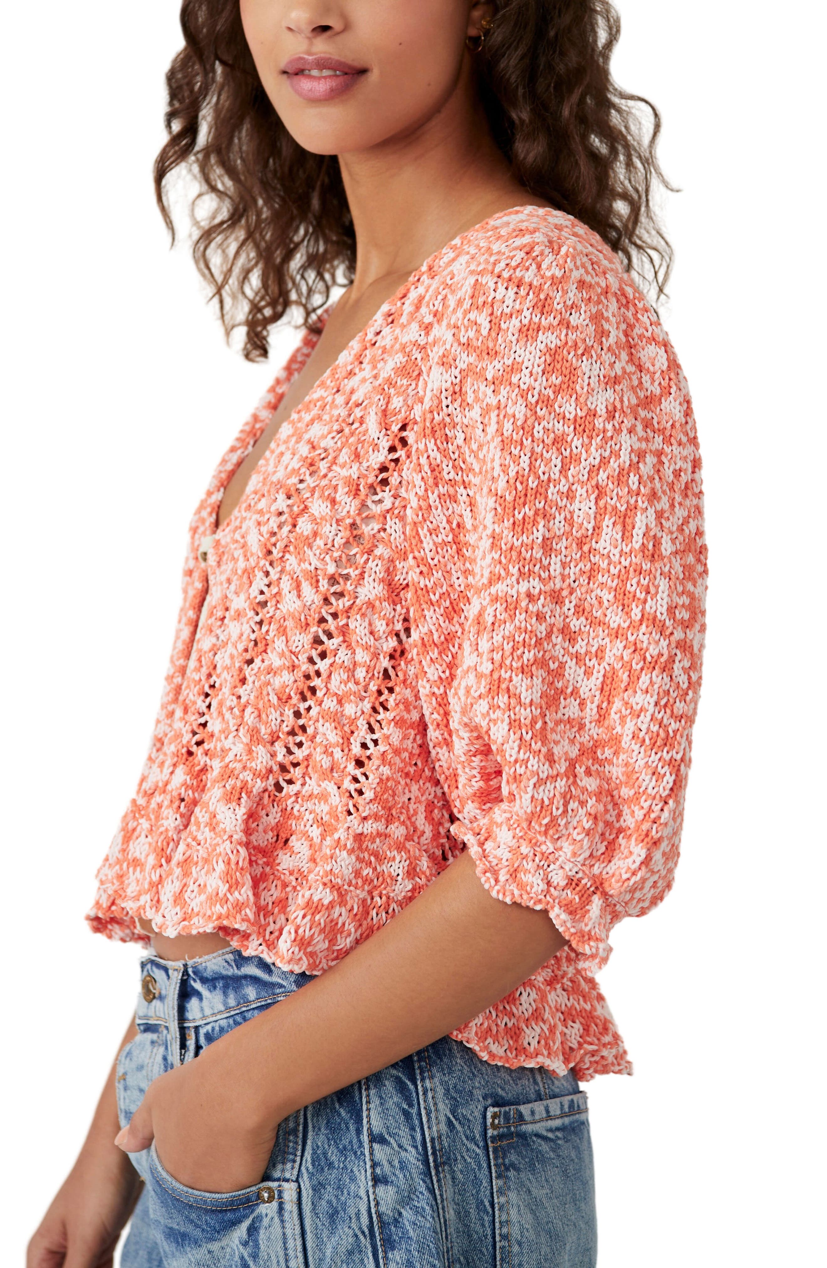 Free People Yesterday Ruffle Puff Sleeve Cardigan in Toast