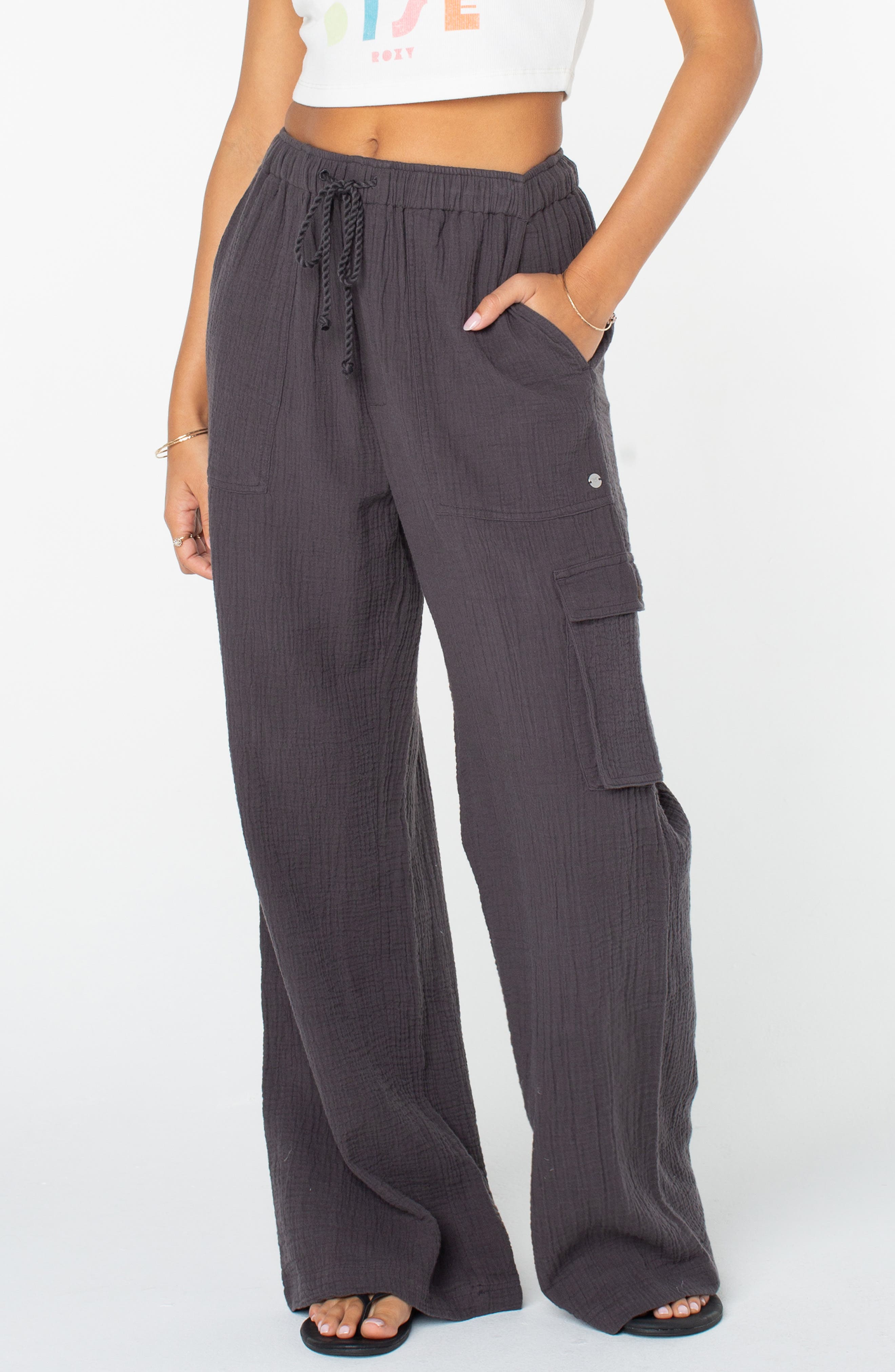 Roxy Precious Cargo Beach Cotton Gauze Pants in Phantom 