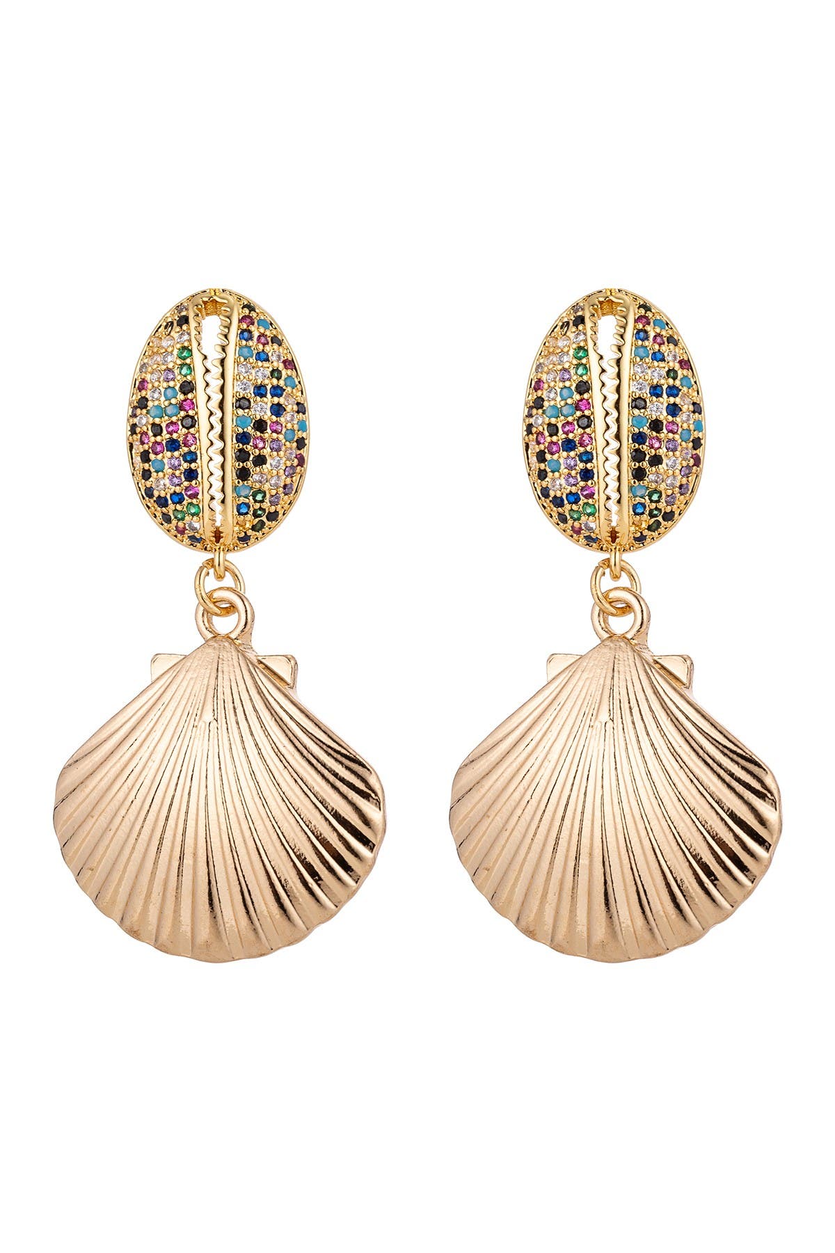 Eye Candy Los Angeles 14k Yellow Gold Plated Pave Cz Shell Drop Earrings In Gold