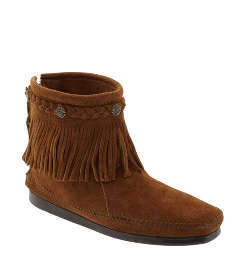 Minnetonka Fringed Moccasin Bootie in Brown