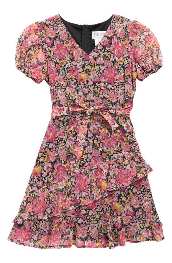 Blush By Us Angels Kids' Girl's Floral Chiffon Faux Wrap Dress In Pink Multi