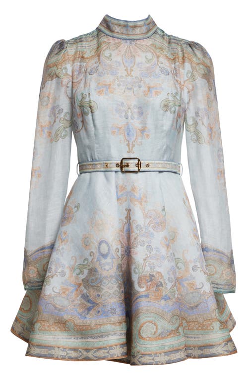 Shop Zimmermann Eden Belted Long Sleeve Linen & Silk Minidress In Blue Paisley