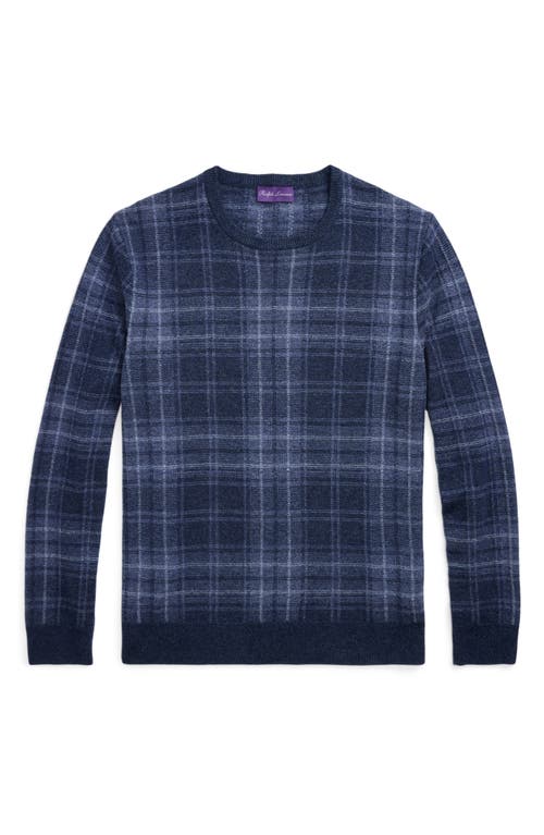 Shop Ralph Lauren Purple Label Plaid Cashmere Crewneck Sweater In Crown Blue Melange