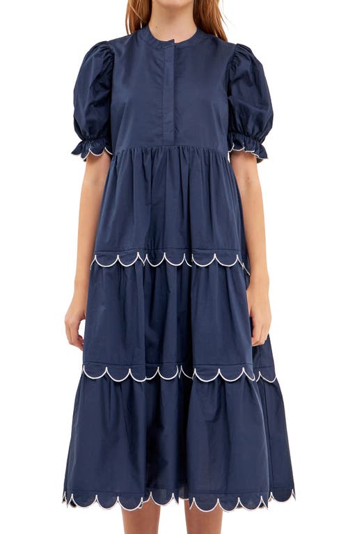 Shop English Factory Contrast Scalloped Trim Cotton Midi Dress In Navy/white