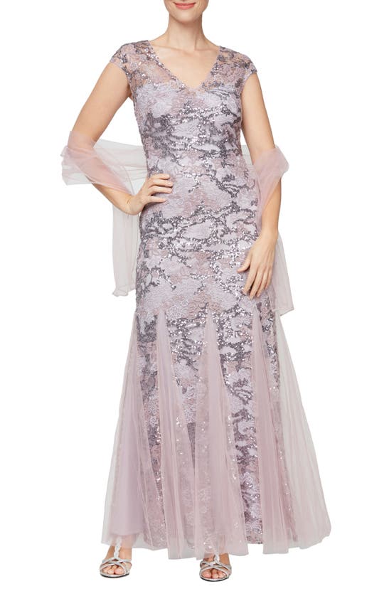 ALEX EVENINGS SEQUIN EMBROIDERED TRUMPET GOWN