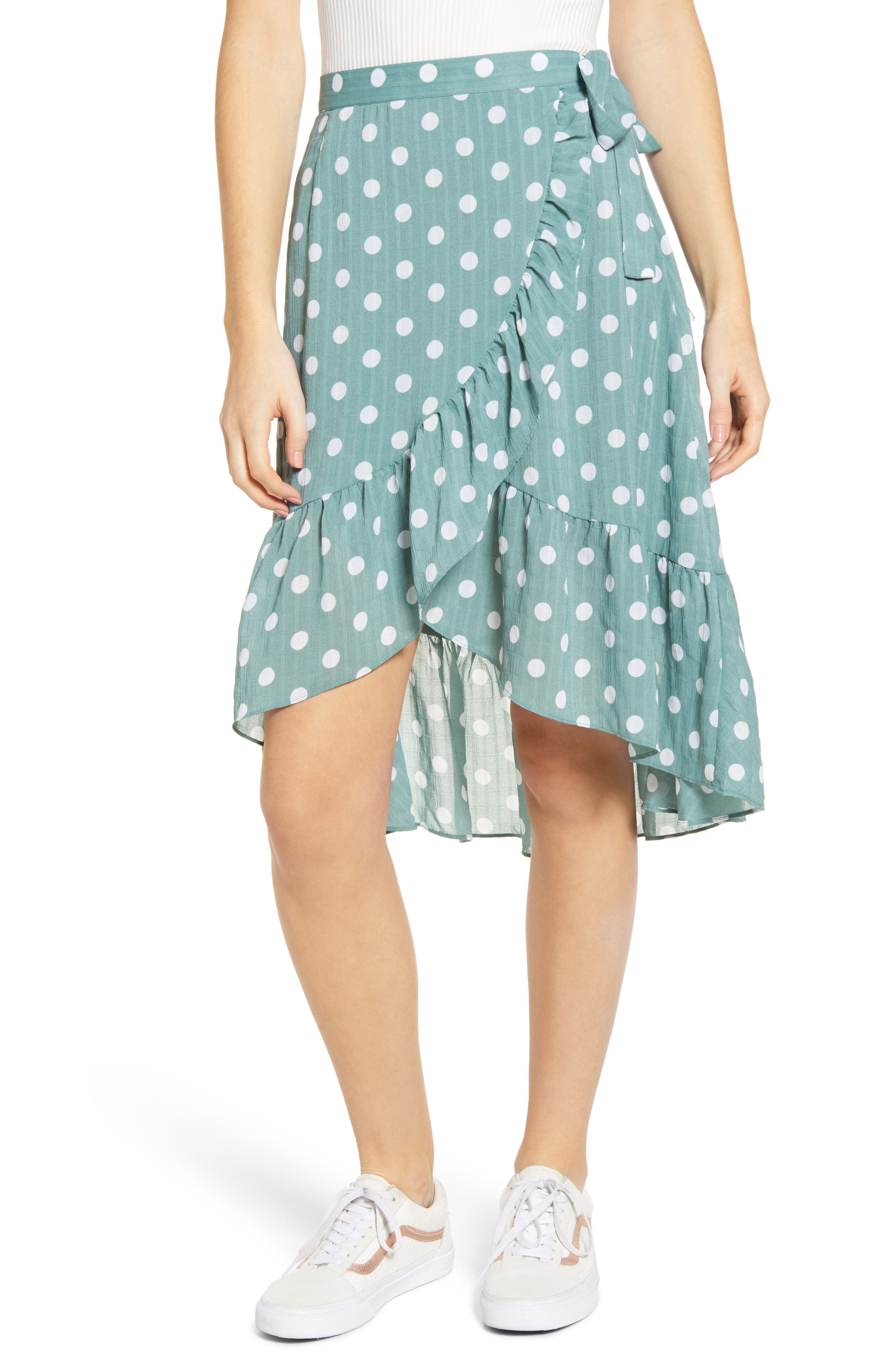 Minkpink Misty Polka Dot Ruffle Wrap Skirt, Green