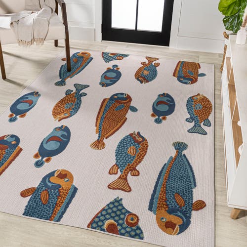 Jonathan Y Algarve Modern Fish High-low Indoor/outdoor Area Rug In Navy/orange/cream