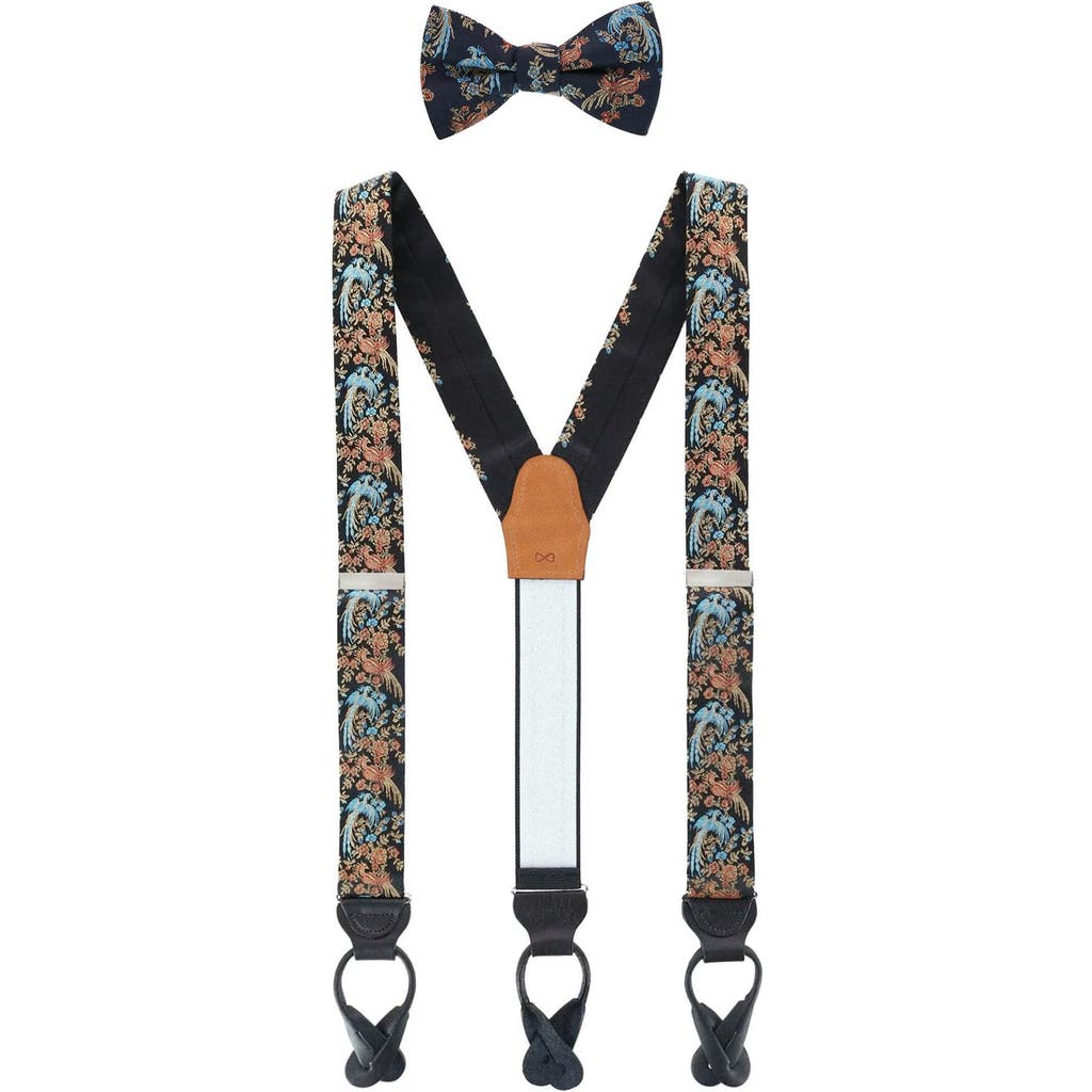 Trafalgar Birds Of Prosperity Silk Button End Suspenders (braces) And Bow Tie Set In Black