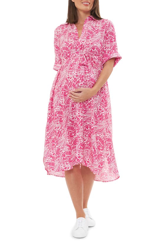 Shop Ripe Maternity Janis Maternity Shirtdress In Hot Pink / White