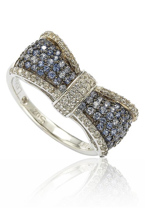 Two-Tone 18K Gold Plated Sterling Silver Sapphire & Diamond Bow Ring