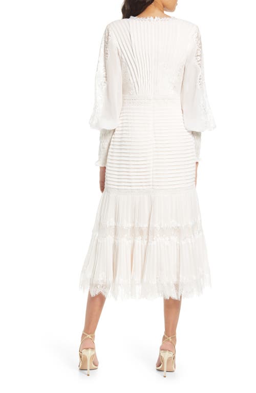 Tadashi Shoji Lace Pintuck Long Sleeve Midi Cocktail Dress In White/petal