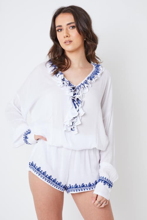 Shop Creea The Label Ruffle Long Sleeve Romper In Blue