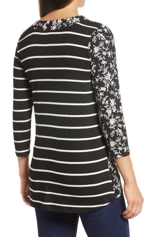 Shop Loveappella Floral Stripe Top In Black/ivory