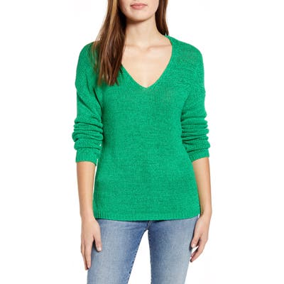 Cotton Emporium Open Stitch V-Neck Sweater, Green