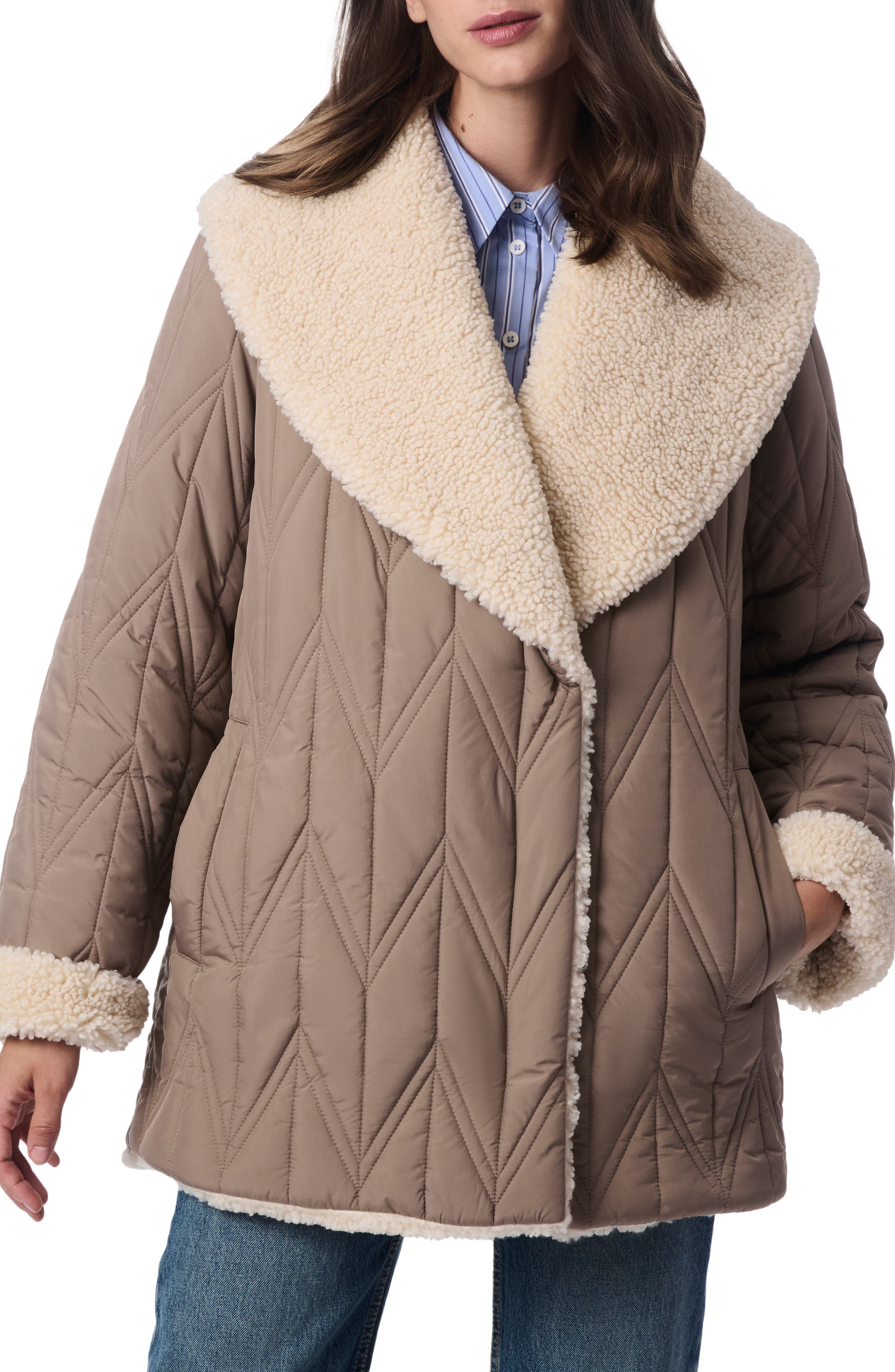 Bernardo Quilted Faux Shearling Lined Jacket in Dusty Taupe 
