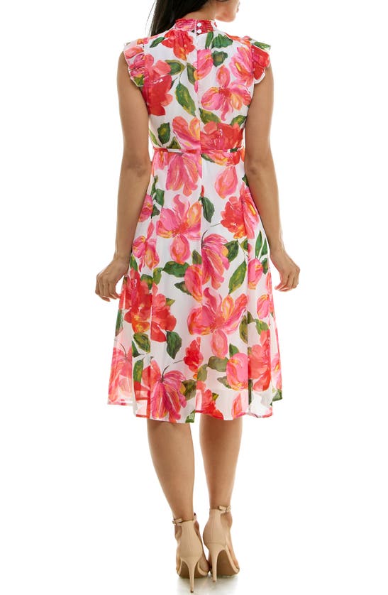 Nina Leonard Smock Chiffon Midi Dress In Dragon Fruit Multi