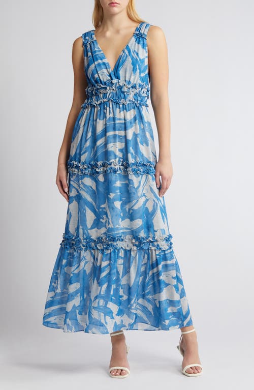 Double V Ruffle Tiered Maxi Dress in Blue Paintbrush
