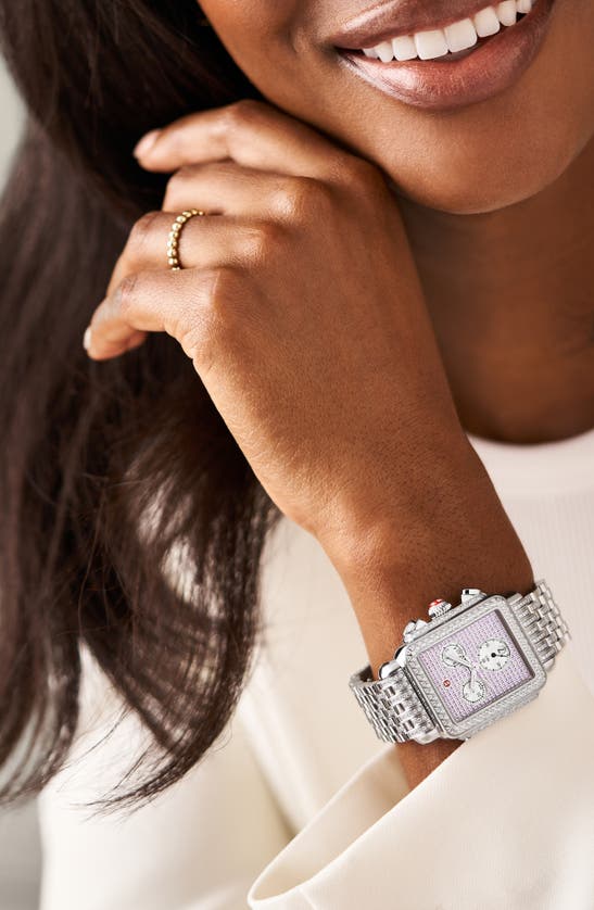 Shop Michele Deco Diamond & Pink Sapphire Bracelet Chronograph Watch, 35mm In Silver
