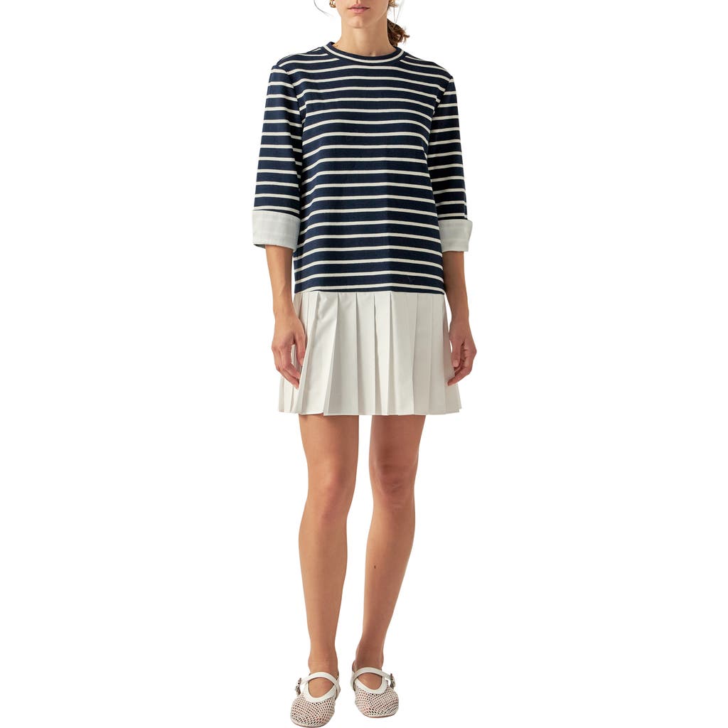 English Factory Mix Media Stripe Pleated Minidress In Blue