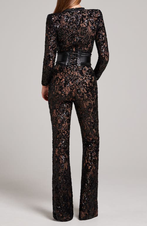 Shop Nadine Merabi Bella Long Sleeve Beaded Lace Jumpsuit In Black