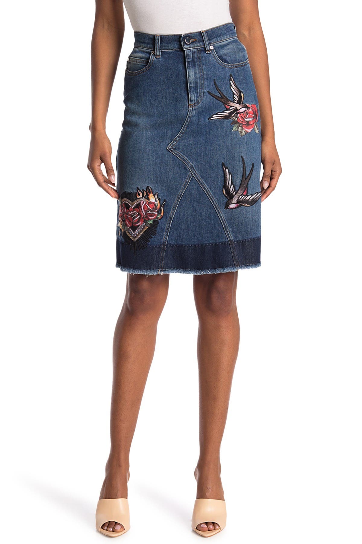 Red Valentino Swallow Embroidered Denim Skirt In Medium Blue Denim