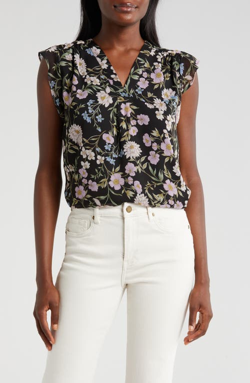 Vince Camuto Floral Flutter Sleeve Top Rich Black at Nordstrom,