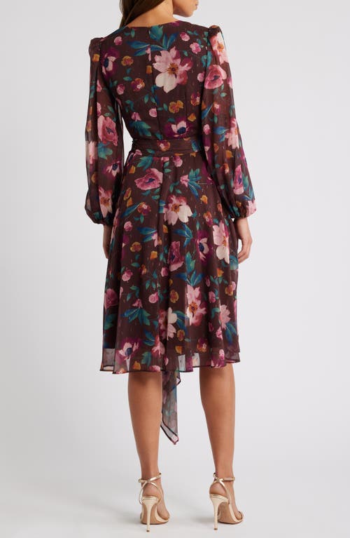 Shop Eliza J Floral Long Sleeve Faux Wrap Dress In Brown