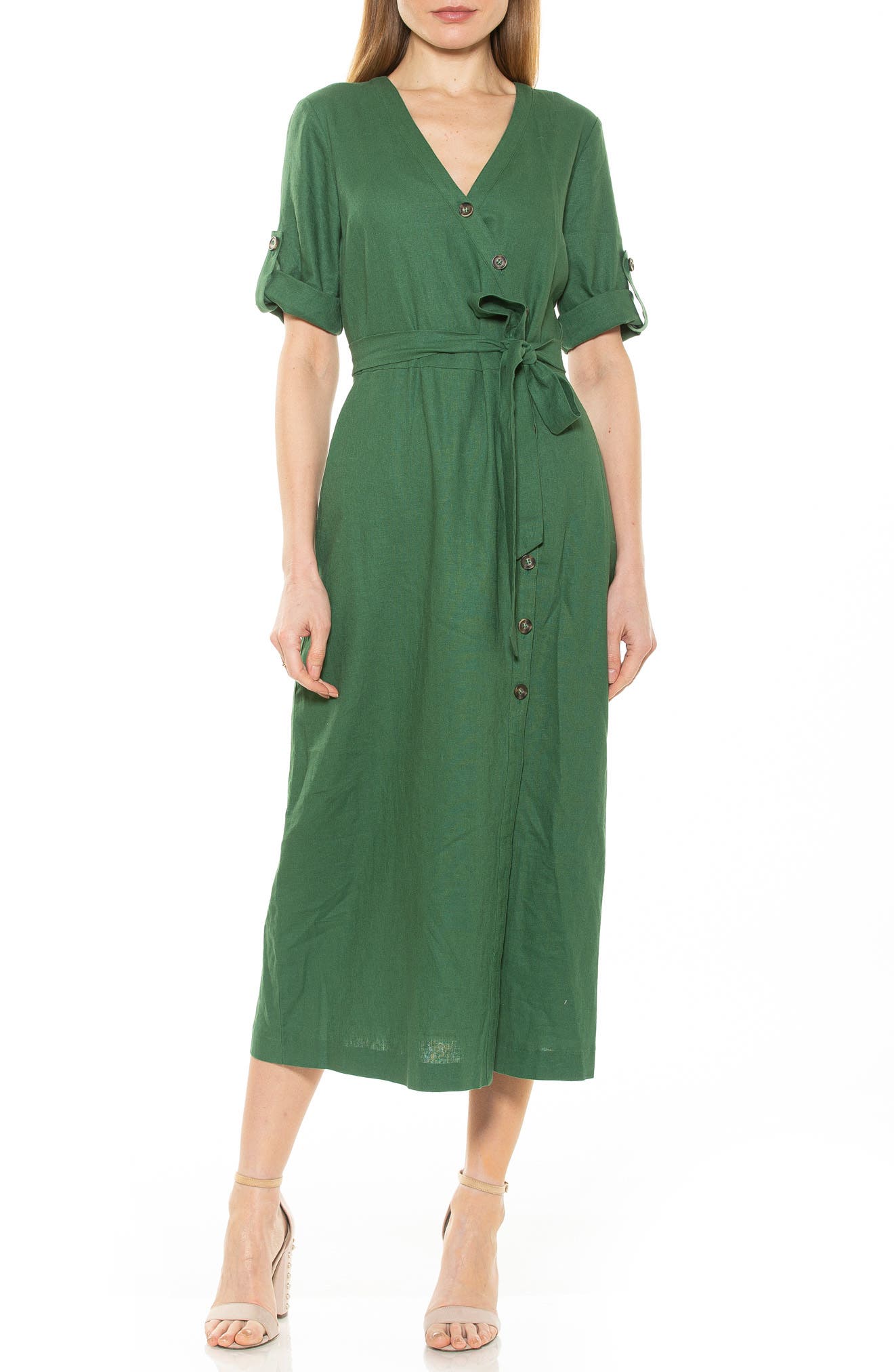 Alexia Admor Collette Asymmetrical Button Down Short Sleeve Dress In Safari Green