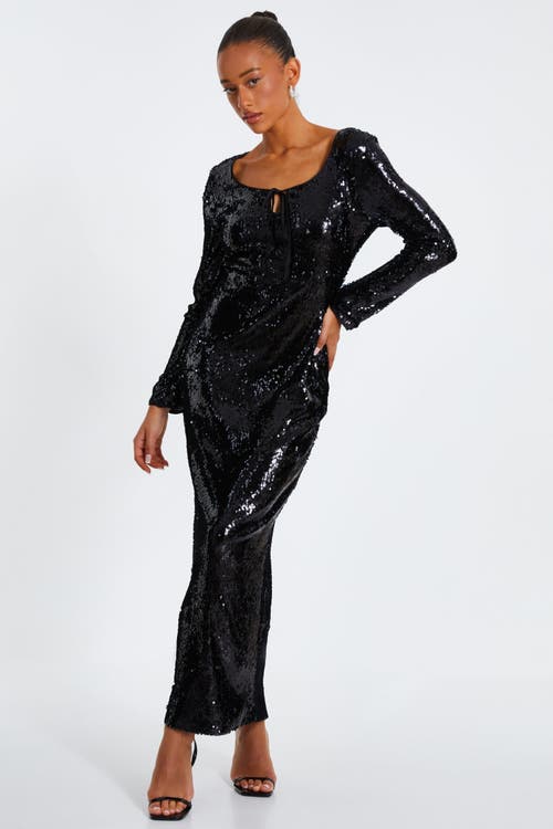 Quiz Sequin Tie Front Maxi Dress In Black