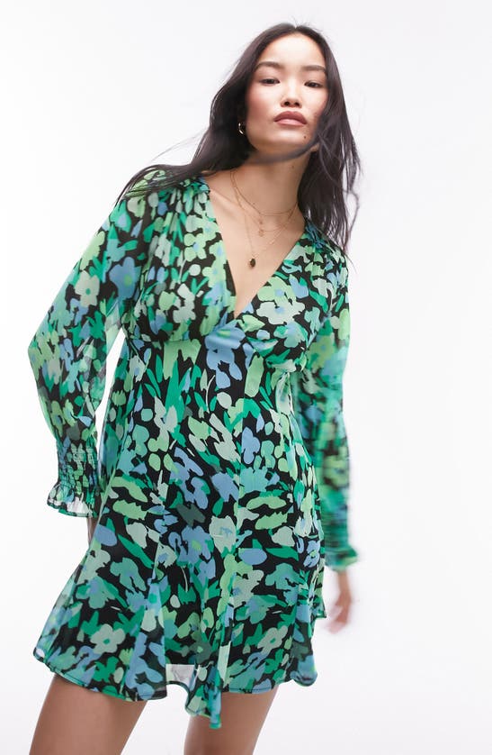 Shop Topshop Floral Long Sleeve Chiffon Minidress In Medium Green