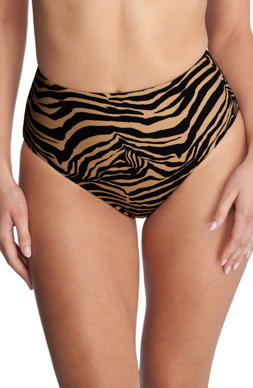 Reversible High Waist Bikini Bottoms in Camel Zebra /Poinsettia