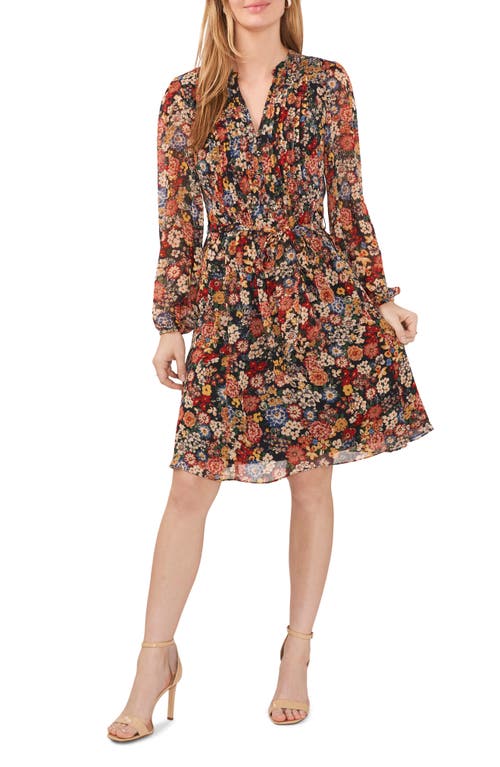 Chaus Floral Print Tie Waist Long Sleeve Dress Wine/Multi/Black 635 at Nordstrom,