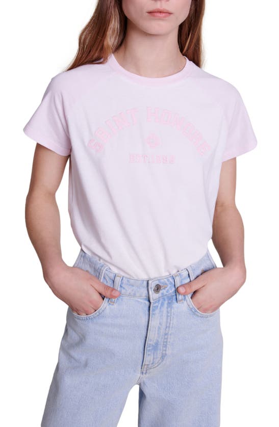 Shop Maje Saint Honoré Embroidered T-shirt In Pink/ Ecru