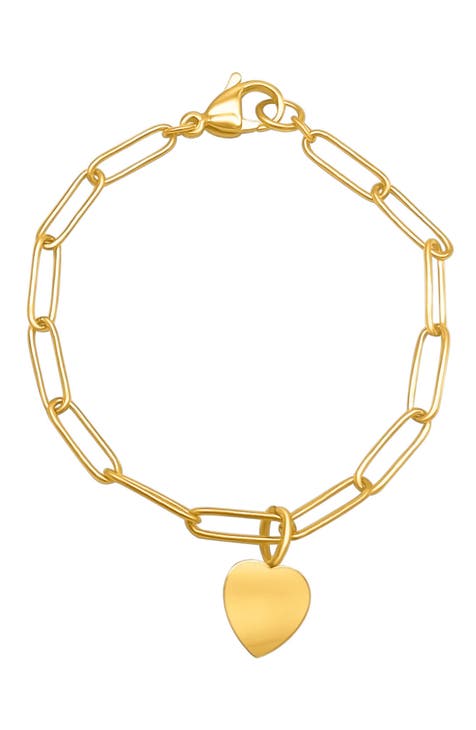 14K Gold Plated Paperclip Chain Heart Charm Bracelet