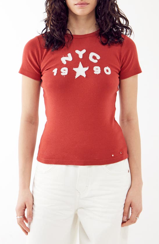 Shop Bdg Urban Outfitters Nyc 1990 Appliqué Cotton Graphic Baby Tee In Red