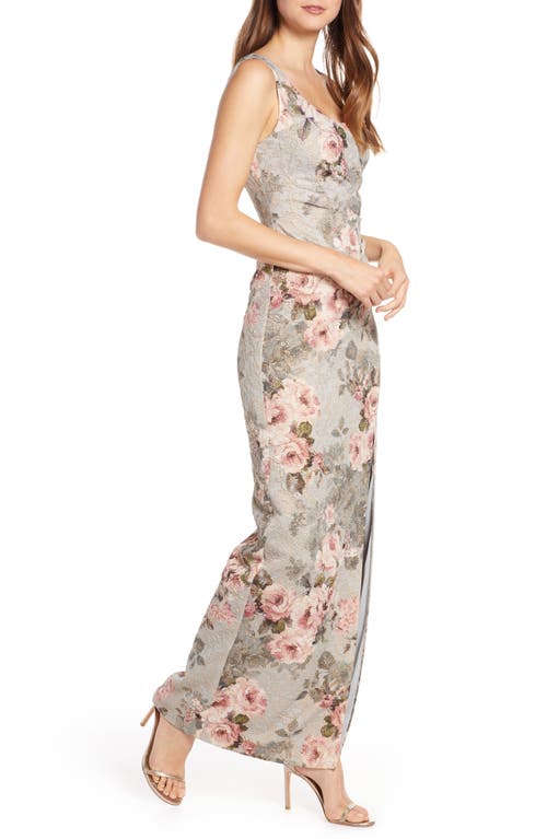 Shop Adrianna Papell Floral Print Brocade Gown In Slate/blush Multi