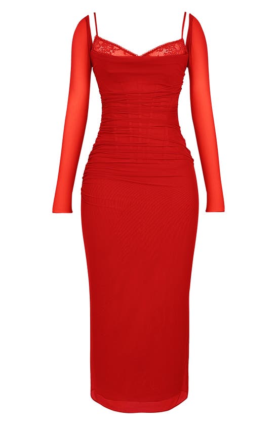 House Of Cb Katrina Lace Mesh Long Sleeve Gown In Red