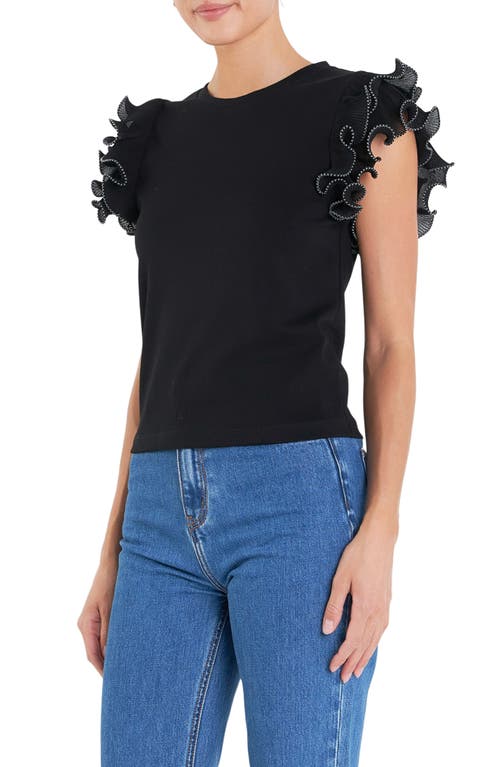 English Factory Mixed Media Ruffle Sleeve Top In Black/white