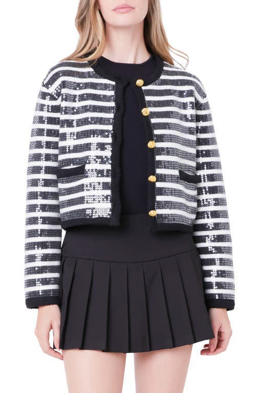 Shop English Factory Sequin Stripe Cardigan In Black/ivory